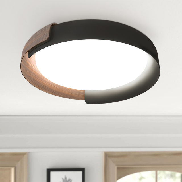 Modern Minimalist Round LED Flush Mount Ceiling Light with Wood & Metal For Hallway Home Office Living Room