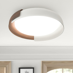 Modern Minimalist Round LED Flush Mount Ceiling Light with Wood & Metal For Hallway Home Office Living Room