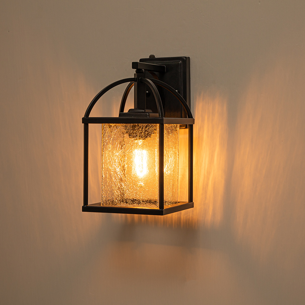 IP23 Outdoor Lantern Crackle Glass Shade Wall Sconce Waterproof Indoor Porch Light Fixture in Modern Style