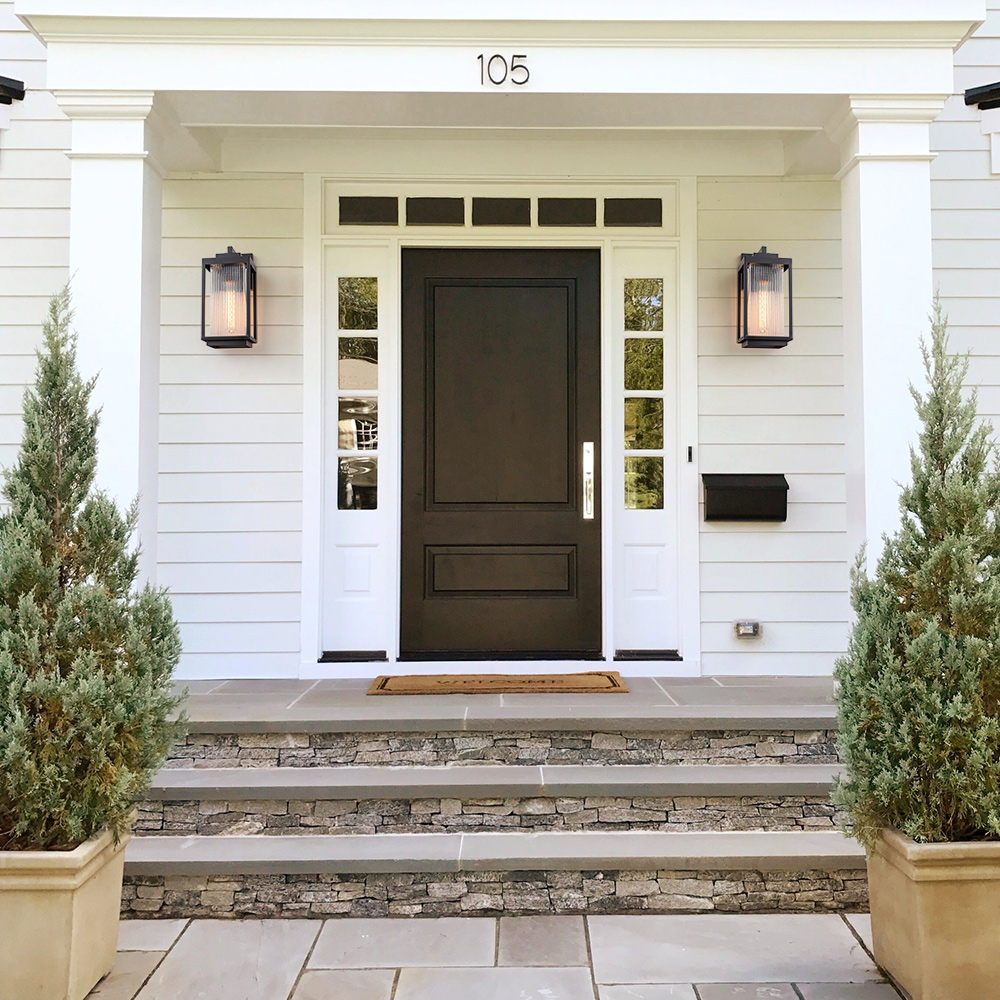 IP23 Outdoor Lantern Striped Glass Shade Wall Sconce Waterproof Indoor Porch Light Fixture in Modern Style