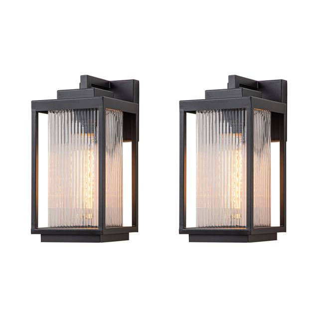 IP23 Outdoor Lantern Striped Glass Shade Wall Sconce Waterproof Indoor Porch Light Fixture in Modern Style