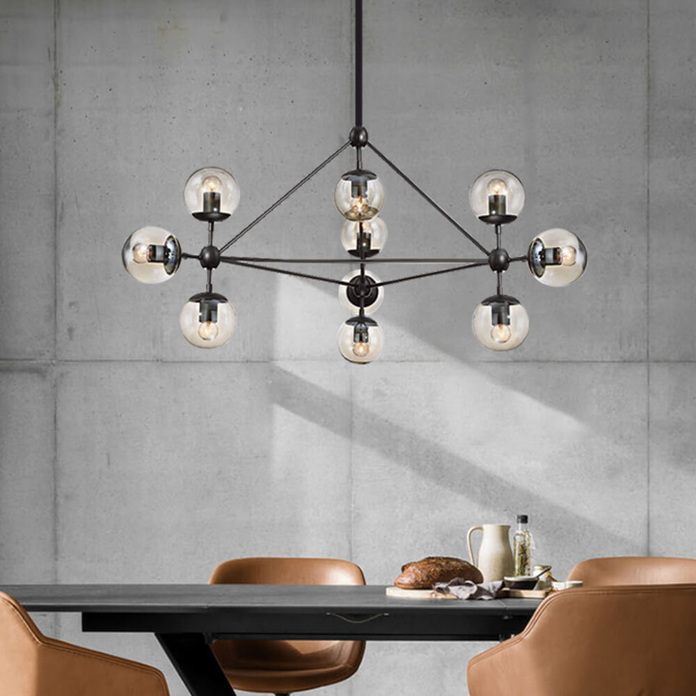 Modern Design Modo Chandelier in Black with Mouth Transparent Glass, 4 Sides 15 Globes for Bedroom Living Room