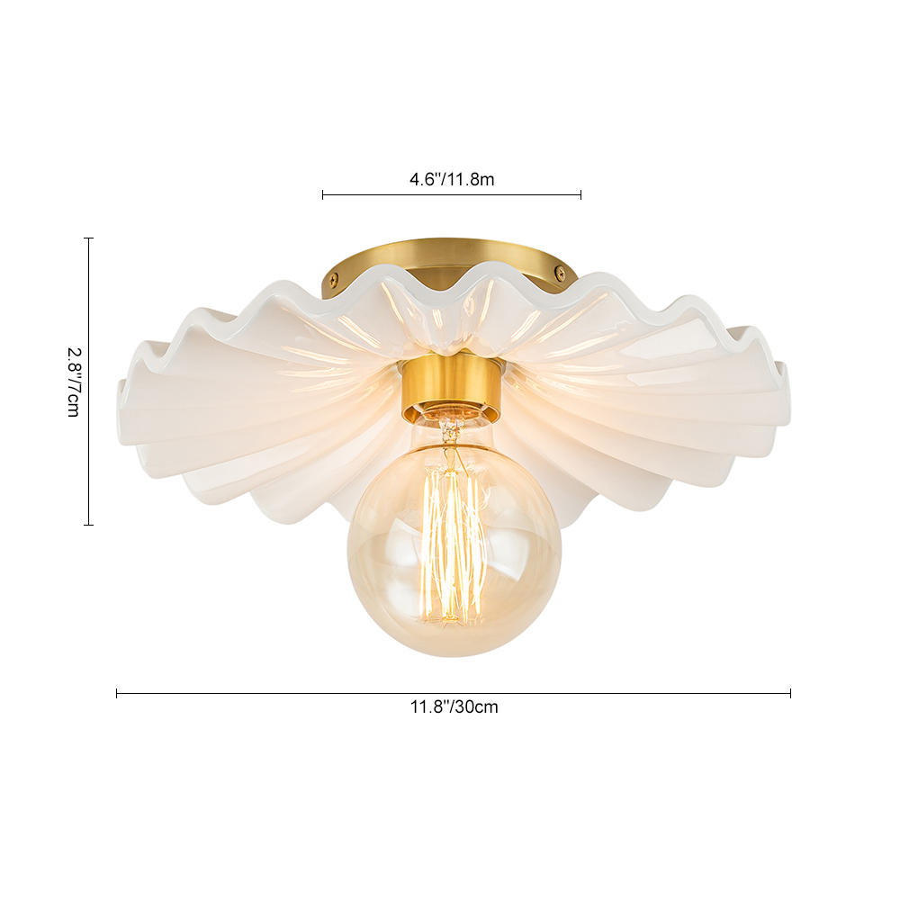 Glossy Modern Ruffled Pleated Semi-Flush Mount Scalloped Ceramic Ceiling Light for Dining Room Bedside Kitchen