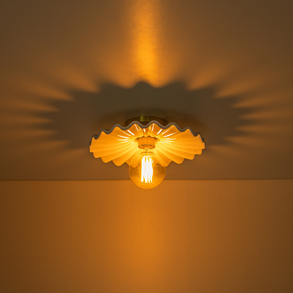 Glossy Modern Ruffled Pleated Semi-Flush Mount Scalloped Ceramic Ceiling Light for Dining Room Bedside Kitchen