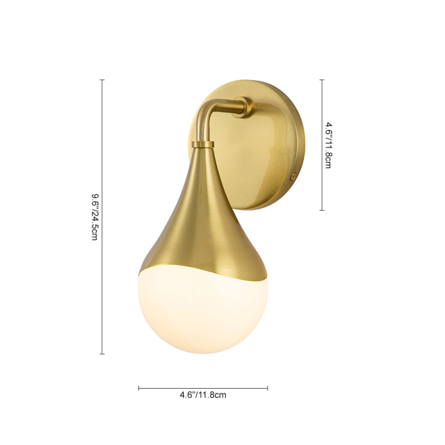 Modern Aged Brass Teardrop Vanity Light Opal Glass Globe Wall Sconce For Bedroom/ Bathroom/ Hallway/ Entryway