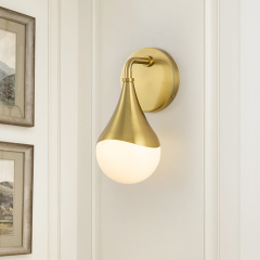 Modern Aged Brass Teardrop Vanity Light Opal Glass Globe Wall Sconce For Bedroom/ Bathroom/ Hallway/ Entryway