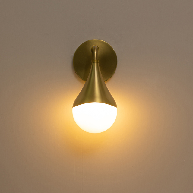 Modern Aged Brass Teardrop Vanity Light Opal Glass Globe Wall Sconce For Bedroom/ Bathroom/ Hallway/ Entryway