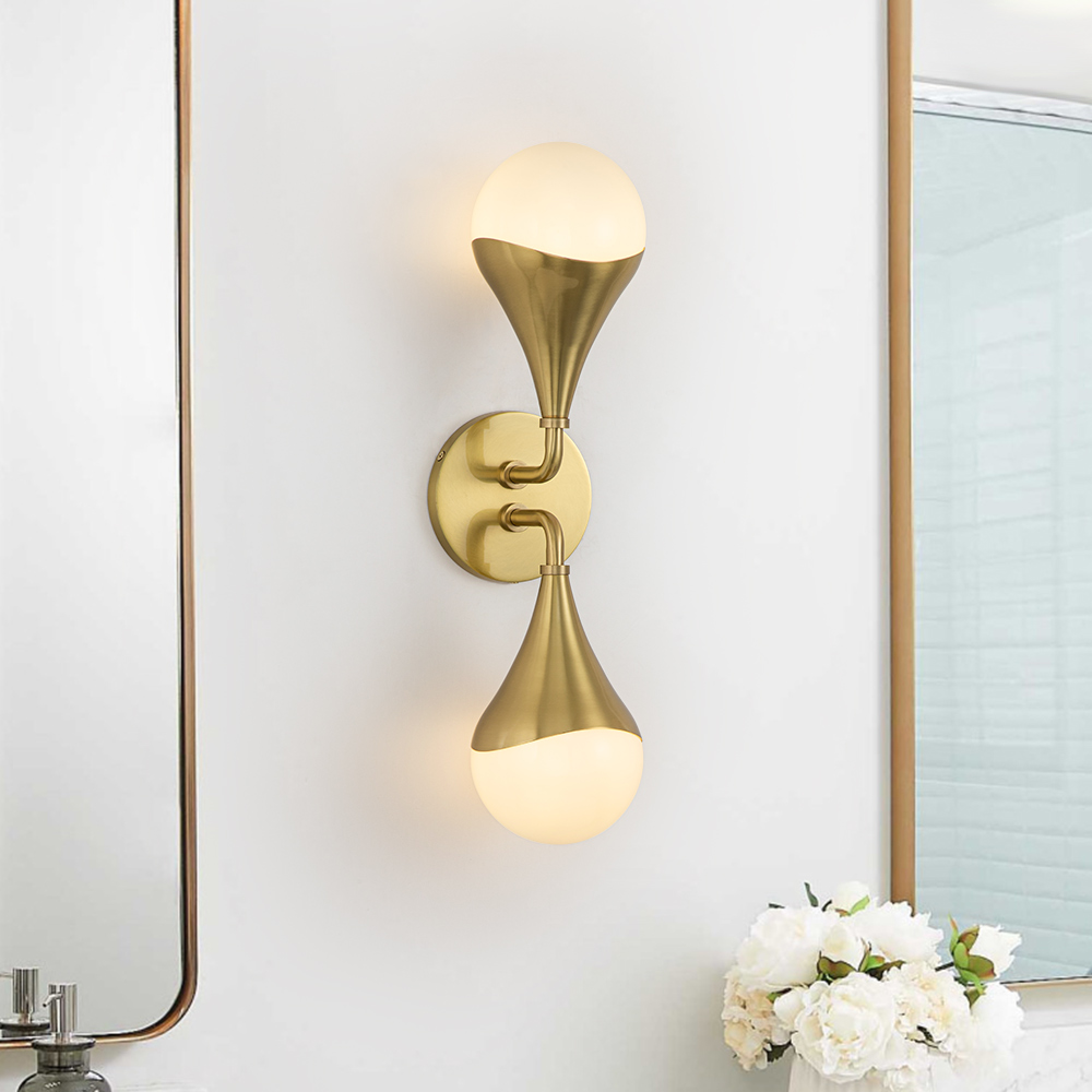 2-Light Modern Teardrop Aged Brass Vanity Light Bracket Opal Globe Wall Sconce For Bedroom/ Bathroom/ Hallway/ Entryway