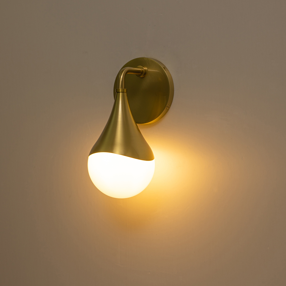 Modern Aged Brass Teardrop Vanity Light Opal Glass Globe Wall Sconce For Bedroom/ Bathroom/ Hallway/ Entryway