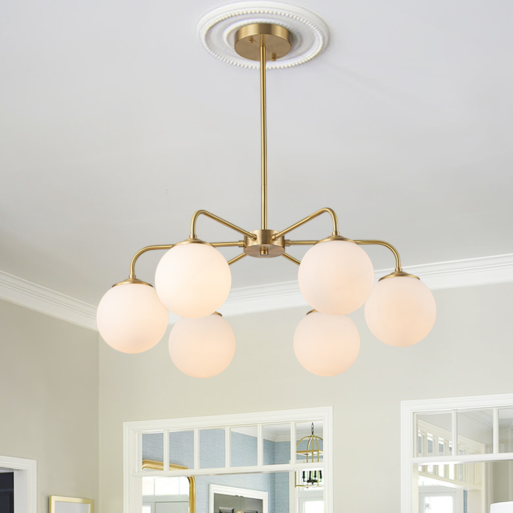 6-Light Modern Glam Bubble Chandelier Milky Glass Globe Hanging Light for Living Room Dining Room Dining Table