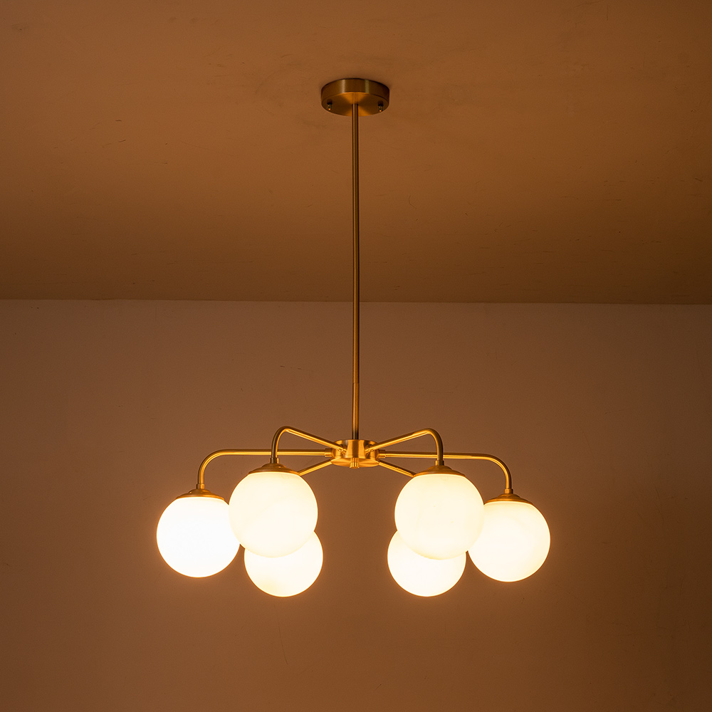 6-Light Modern Glam Bubble Chandelier Milky Glass Globe Hanging Light for Living Room Dining Room Dining Table