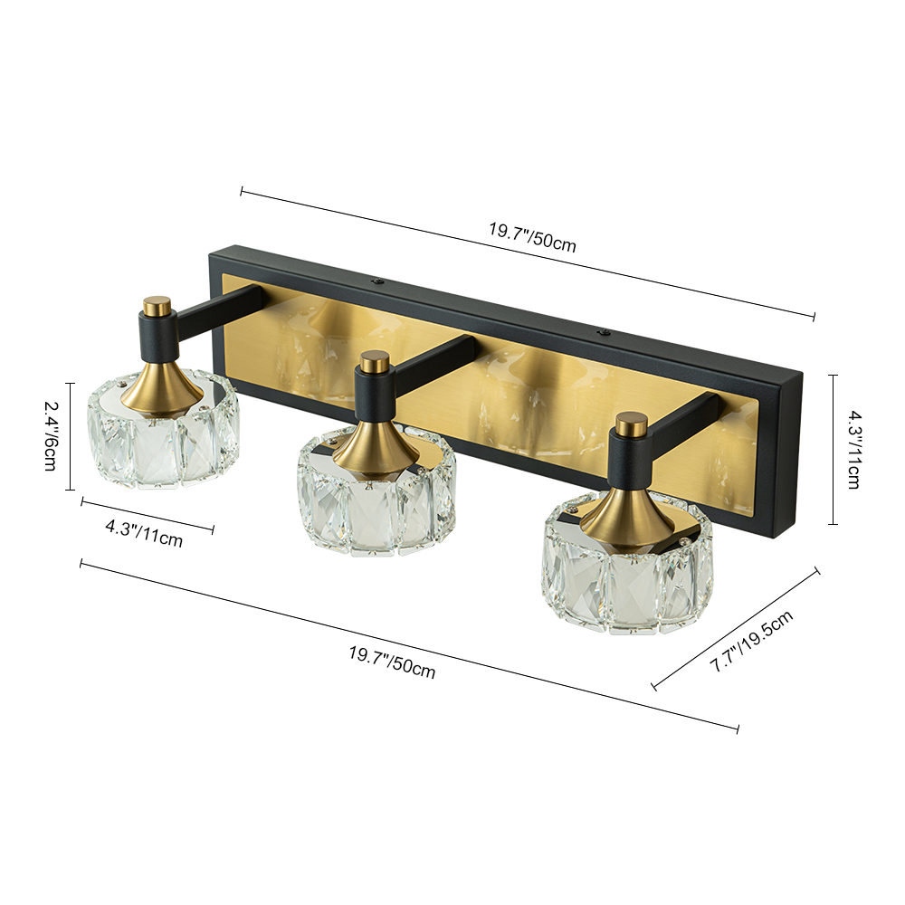 LED Modern 19.7" Wide 3 Light Crystal Wall Sconce Vanity Light in Black+Brass Finish for Bedroom Bathroom Hallway