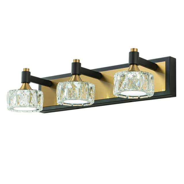 LED Modern 19.7" Wide 3 Light Crystal Wall Sconce Vanity Light in Black+Brass Finish for Bedroom Bathroom Hallway