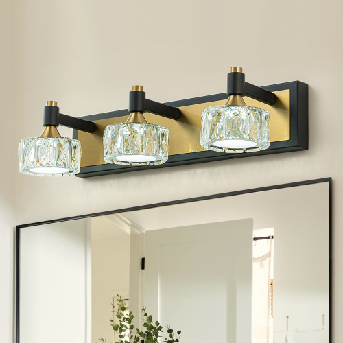 LED Modern 19.7" Wide 3 Light Crystal Wall Sconce Vanity Light in Black+Brass Finish for Bedroom Bathroom Hallway