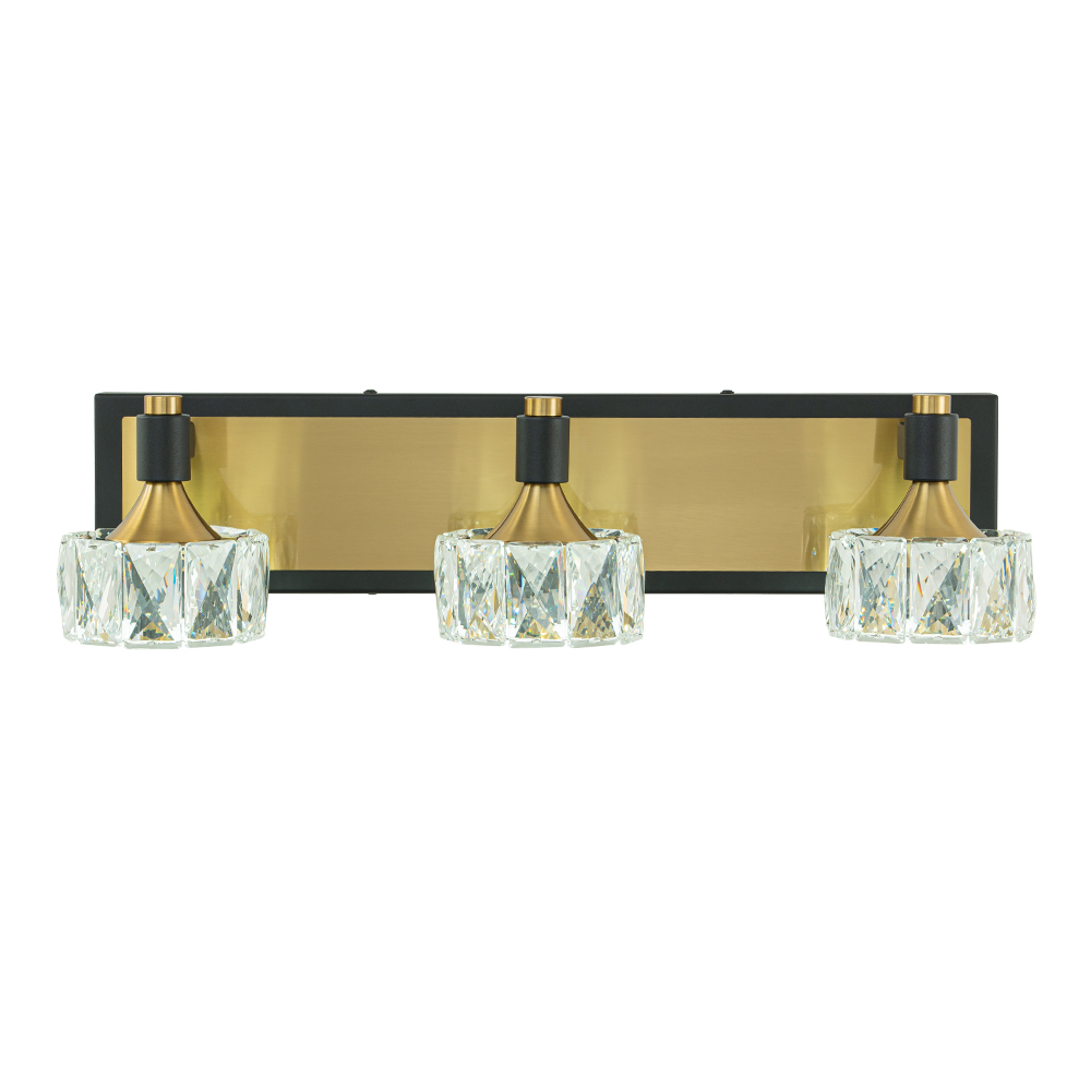LED Modern 19.7" Wide 3 Light Crystal Wall Sconce Vanity Light in Black+Brass Finish for Bedroom Bathroom Hallway