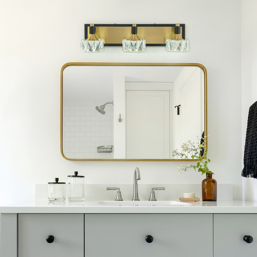 LED Modern 19.7" Wide 3 Light Crystal Wall Sconce Vanity Light in Black+Brass Finish for Bedroom Bathroom Hallway