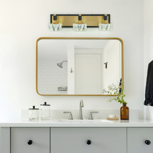 LED Modern 19.7" Wide 3 Light Crystal Wall Sconce Vanity Light in Black+Brass Finish for Bedroom Bathroom Hallway