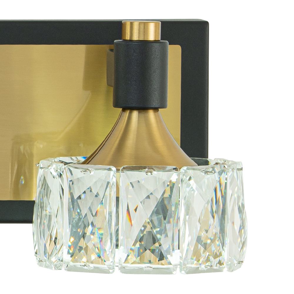 LED Modern 19.7" Wide 3 Light Crystal Wall Sconce Vanity Light in Black+Brass Finish for Bedroom Bathroom Hallway