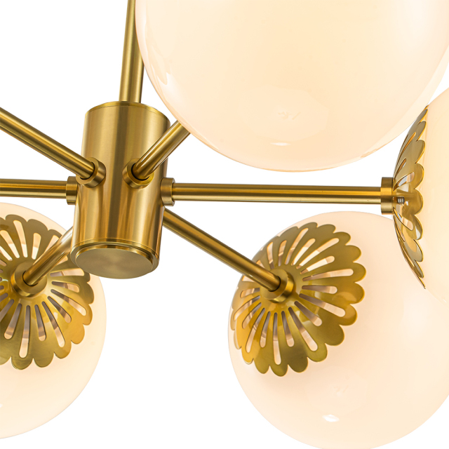 Modern Mid-Century Brass Sputnik Opal Globe Chandelier Light for Dining Room/ Living Room/ Bedroom