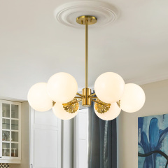 Modern Mid-Century Brass Sputnik Opal Globe Chandelier Light for Dining Room/ Living Room/ Bedroom