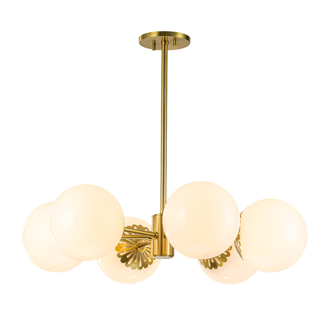 Modern Mid-Century Brass Sputnik Opal Globe Chandelier Light for Dining Room/ Living Room/ Bedroom