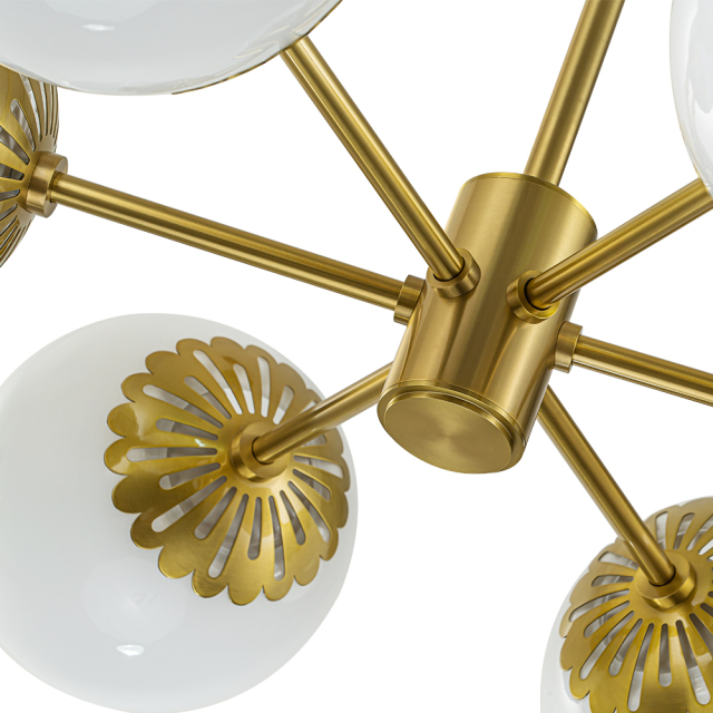 Modern Mid-Century Brass Sputnik Opal Globe Chandelier Light for Dining Room/ Living Room/ Bedroom