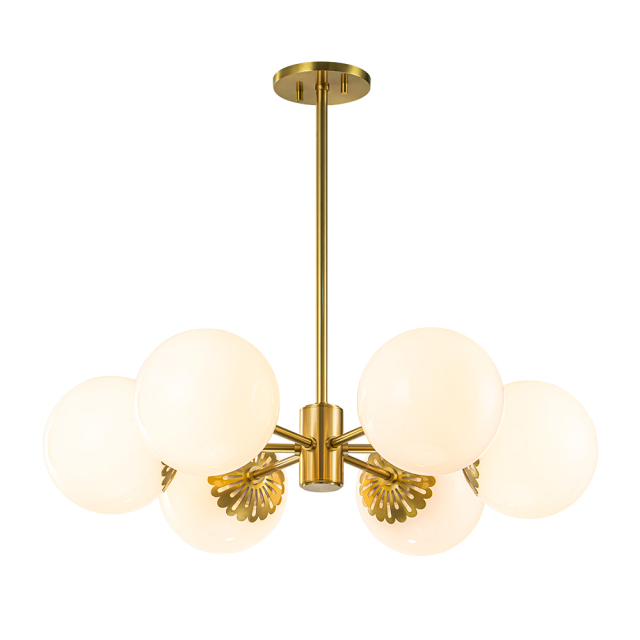 Modern Mid-Century Brass Sputnik Opal Globe Chandelier Light for Dining Room/ Living Room/ Bedroom