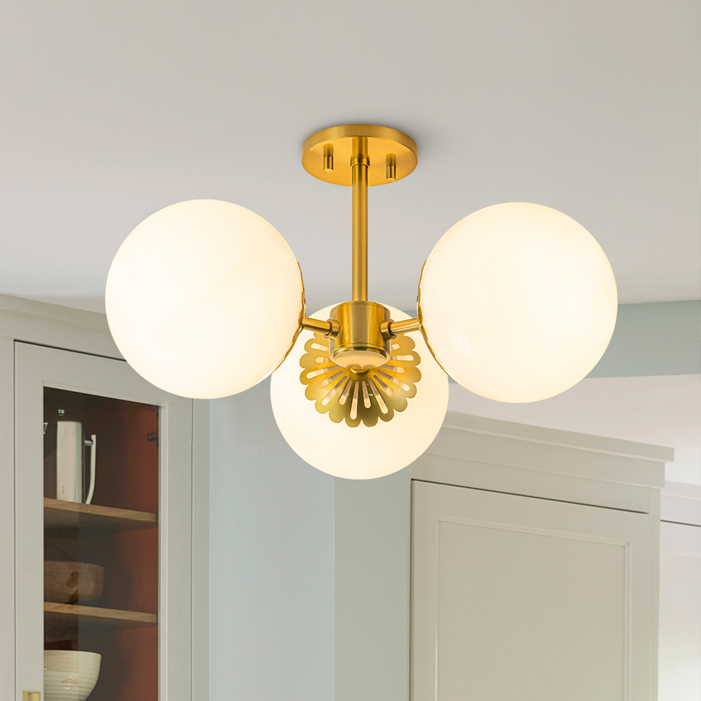 3-Light Modern Mid-Century Semi Flush Mount with Opal Glass Globe for ...