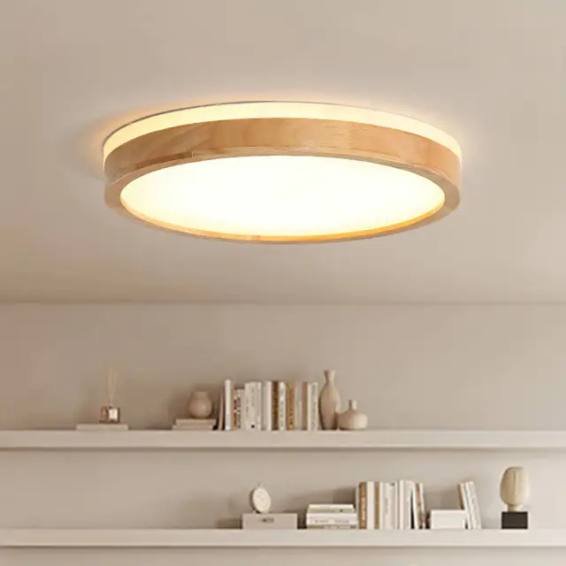 Scandinavian Modern Wooden Round Circle LED Dimmable Flush Mount Ceiling Light for Bedroom Kitchen Living Room Home Office