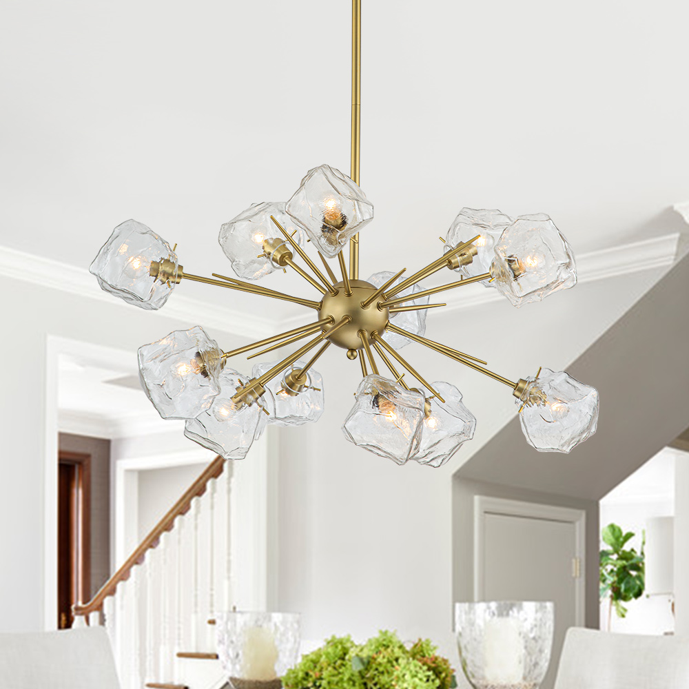 12-Light Modern Glam Brass Sputnik Ice Glass Chandelier Light for Dining Room/ Living Room/ Bedroom