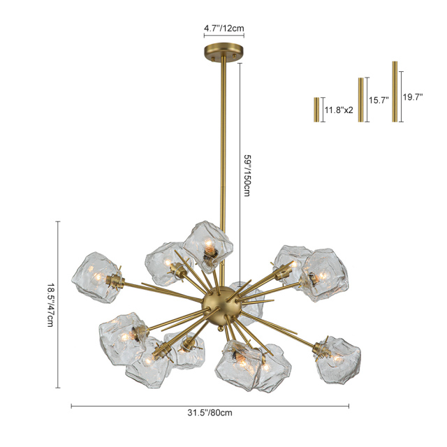 12-Light Modern Glam Brass Sputnik Ice Glass Chandelier Light for Dining Room/ Living Room/ Bedroom