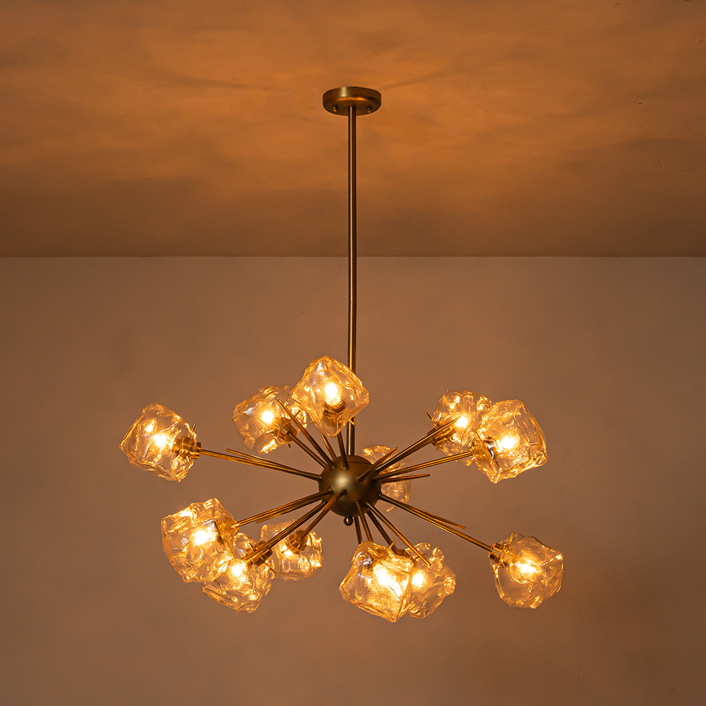 12-Light Modern Glam Brass Sputnik Ice Glass Chandelier Light for Dining Room/ Living Room/ Bedroom