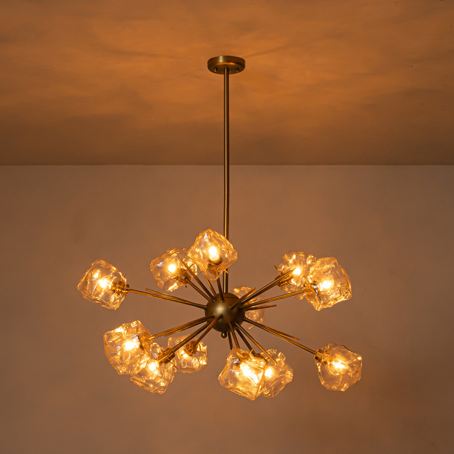12-Light Modern Glam Brass Sputnik Ice Glass Chandelier Light for Dining Room/ Living Room/ Bedroom