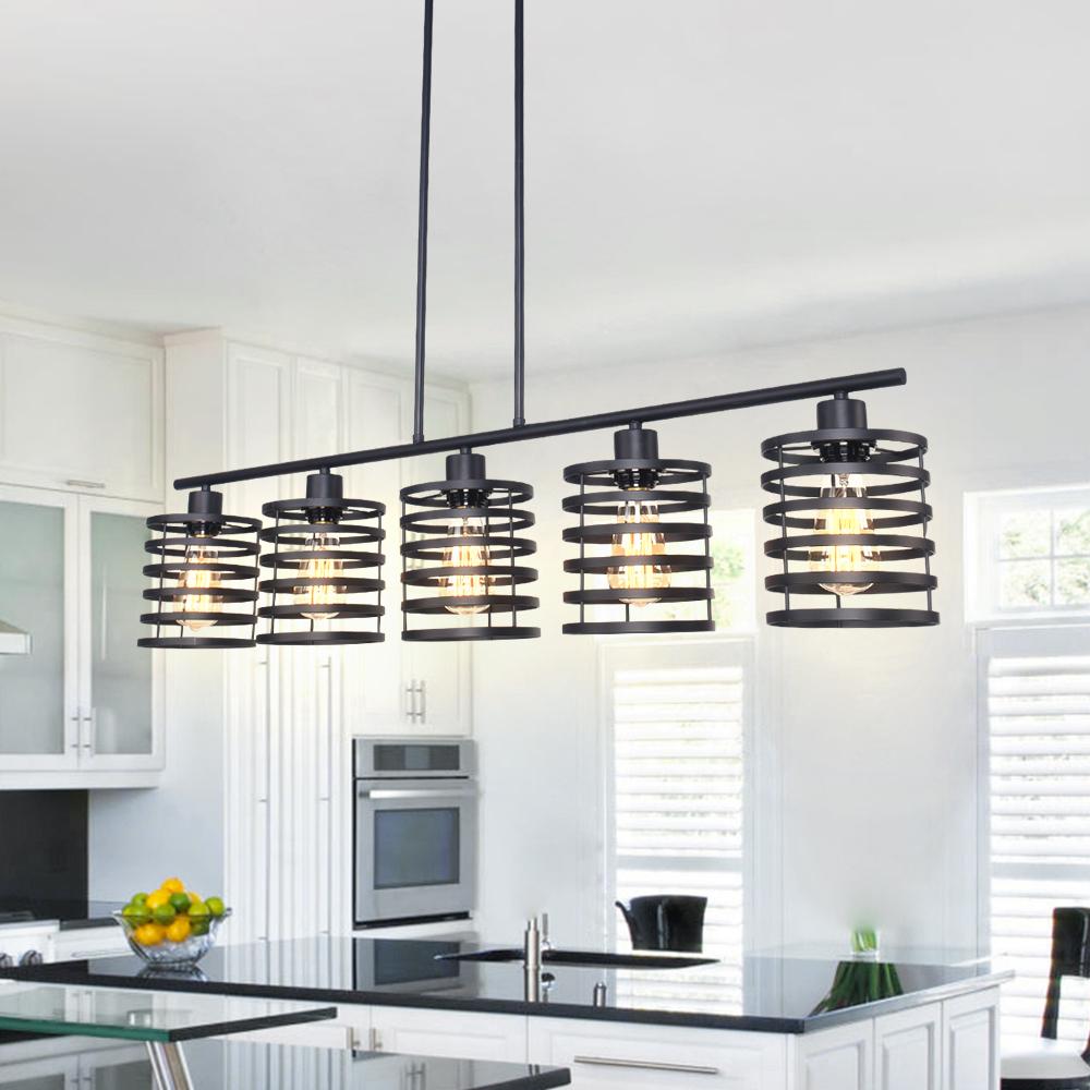 Modern Industrial Black Linear Island Chandelier Pendant Light in Open-caged Shade for Restaurant/ Living Room/ Bedroom