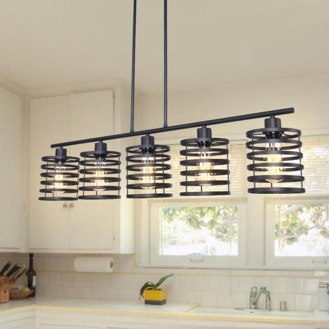 Modern Industrial Black Linear Island Chandelier Pendant Light in Open-caged Shade for Restaurant/ Living Room/ Bedroom