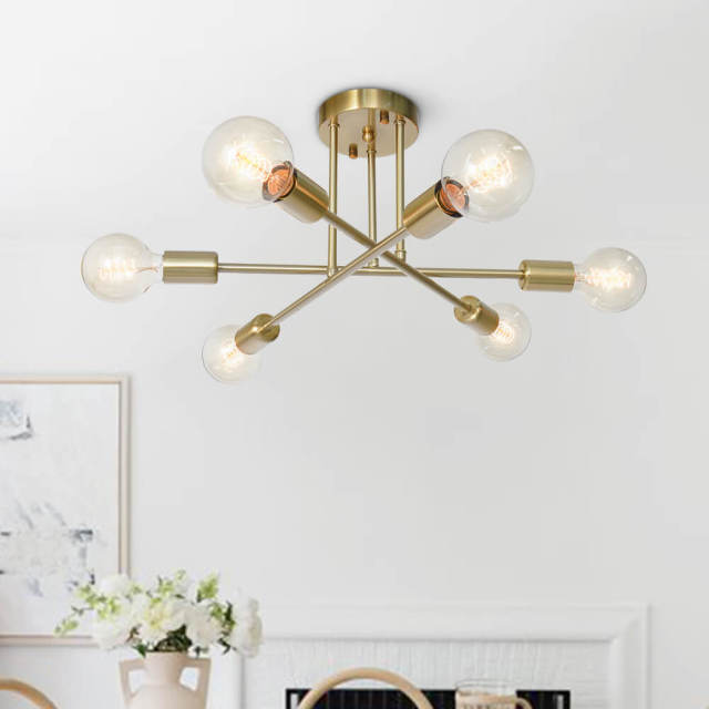 Mid-century Modern 6-Light Metal Radial Sputnik Close to Ceiling Light in Black/Brass for Bedroom Living Room