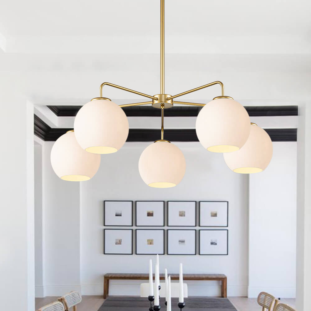5-Light Glam Modern Sputnik Silhouette Milky Glass Globes Bubble Chandelier for Living Room/ Dining Room/ Kitchen