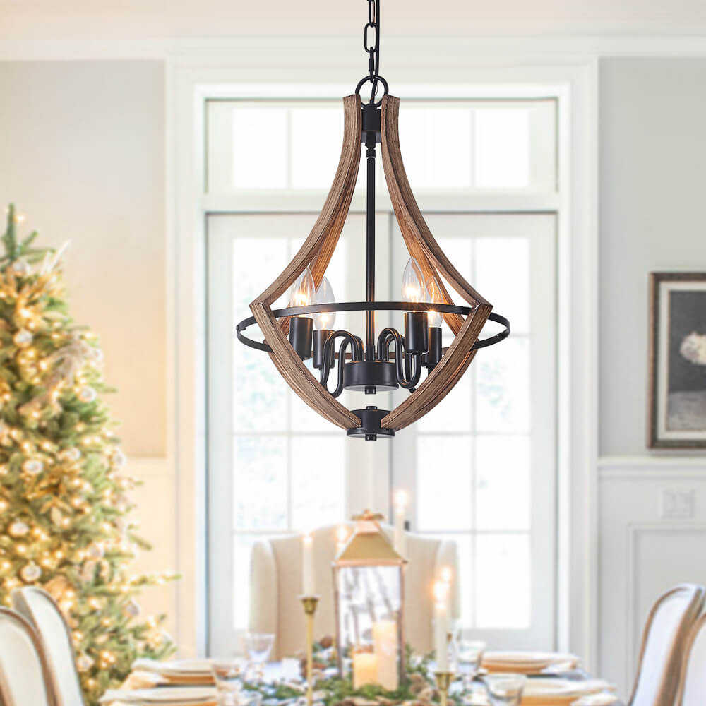 Modern Farmhouse Chandelier in Lantern Wood Finish Hanging Light for Dining Room/ Kitchen/ Living Room