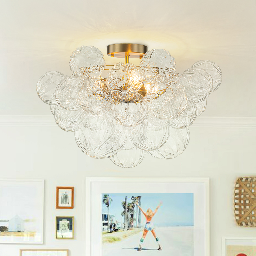 Glam Modern Cluster Petal Glass Bubble Semi Flush Mount Sputnik Ceiling Chandelier for Bedroom Dining Room Living Room