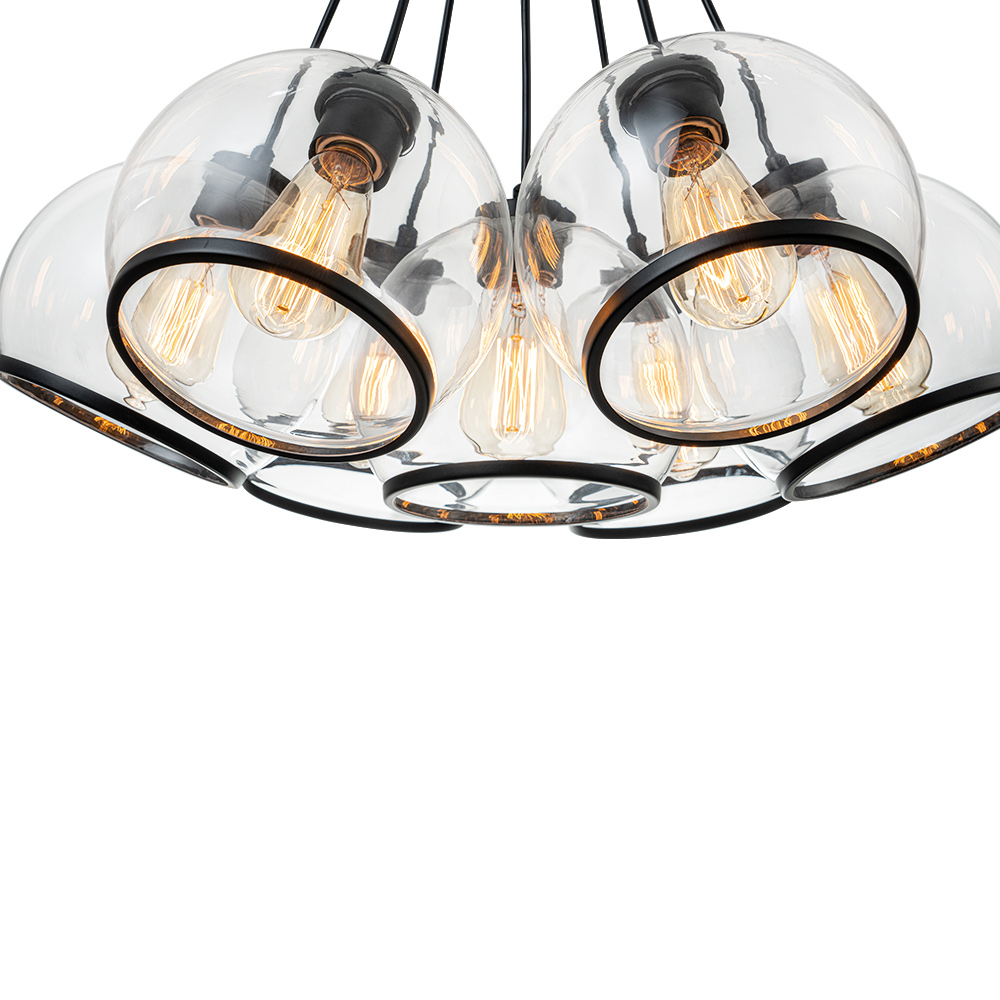 7-Light Distinctive Polished Modern Sleek Black Pendant Lighting in Clear Glass Vessels for Kitchen Island Dining Room Bedroom Bar
