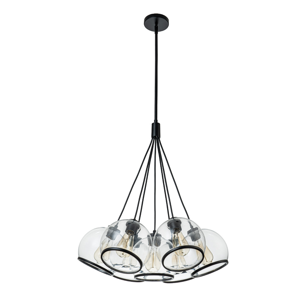 7-Light Distinctive Polished Modern Sleek Black Pendant Lighting in Clear Glass Vessels for Kitchen Island Dining Room Bedroom Bar