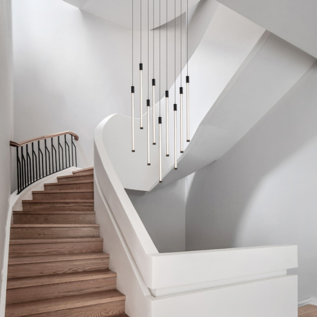 Modern Black Dimmable Warm White LED Multi-Light Chandelier Cluster High Ceiling Pendant Light for Staircase Stairway Living Room