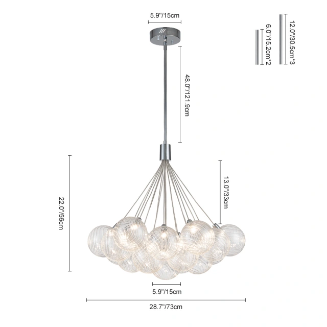 Glam Modern Dimmable LED Cluster Bubble Chandelier with Swirled Glass Design for Living Room/ Dining Room/ Restaurant/ Bedroom