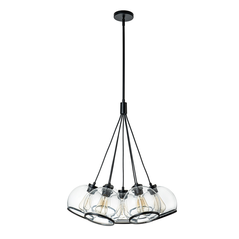 7-Light Distinctive Polished Modern Sleek Black Pendant Lighting in Clear Glass Vessels for Kitchen Island Dining Room Bedroom Bar