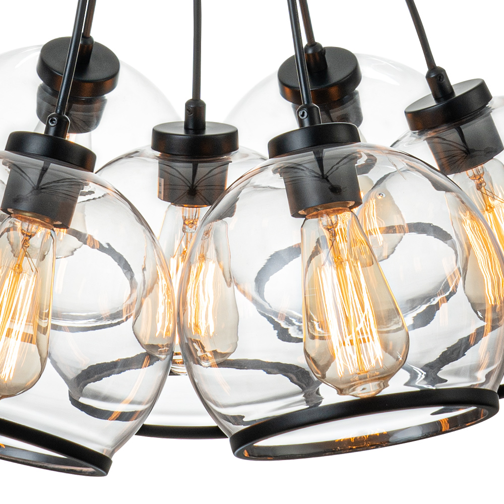7-Light Distinctive Polished Modern Sleek Black Pendant Lighting in Clear Glass Vessels for Kitchen Island Dining Room Bedroom Bar