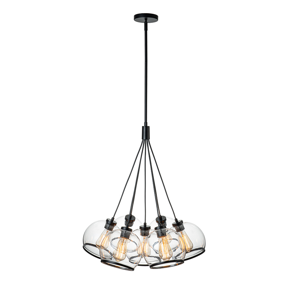7-Light Distinctive Polished Modern Sleek Black Pendant Lighting in Clear Glass Vessels for Kitchen Island Dining Room Bedroom Bar