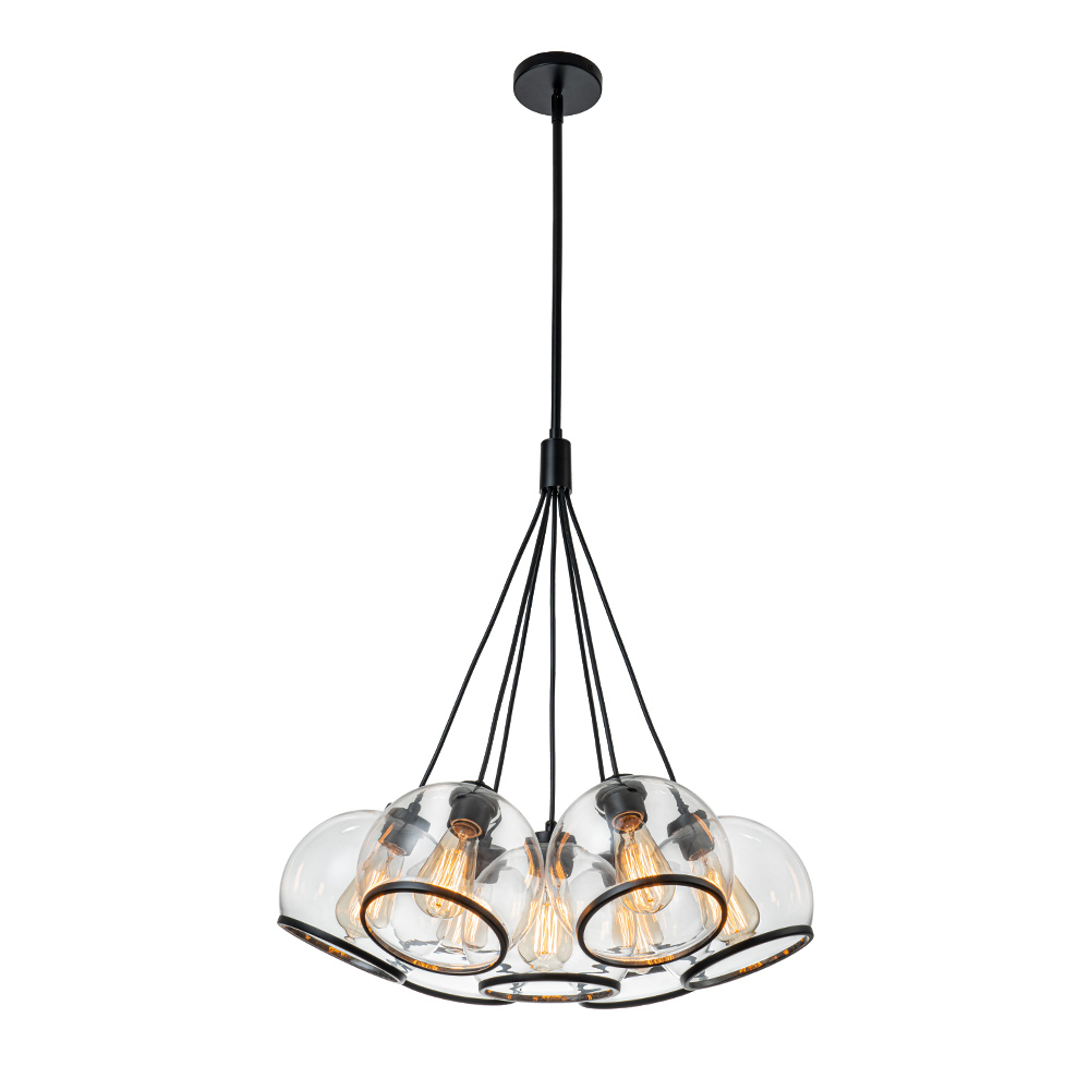 7-Light Distinctive Polished Modern Sleek Black Pendant Lighting in Clear Glass Vessels for Kitchen Island Dining Room Bedroom Bar