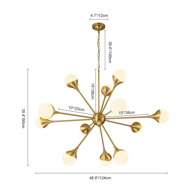 12-Light Modern Sunbrast Sputnik Chandelier in Brass Finish for Living Room/ Dining Room/ Restaurant/ Bedroom