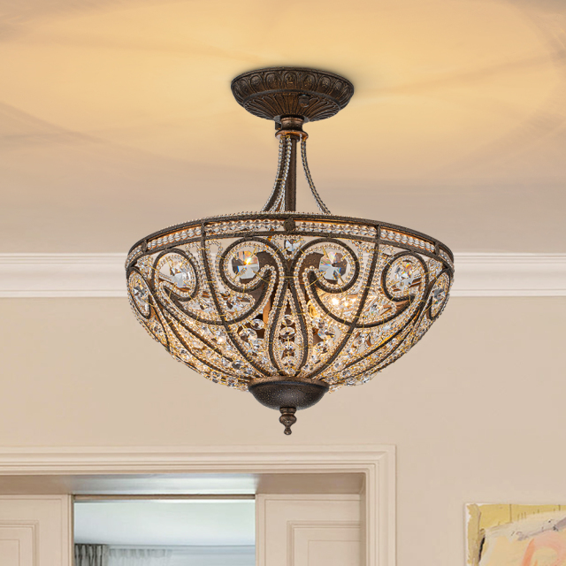 Modern Roman Style 3-Light Dark Bronze Semi Flush Mount Chandelier with Crystal Beads for Study Room Dining Room Bedside