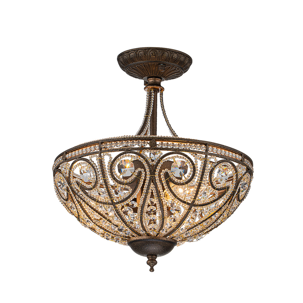 Modern Roman Style 3-Light Dark Bronze Semi Flush Mount Chandelier with Crystal Beads for Study Room Dining Room Bedside